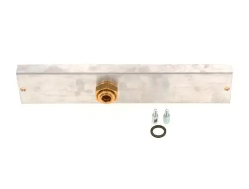 Aluminiumplatte mit einer brassfarbigen Schraubeneinfassung in der Mitte, zwei silbernen Schrauben und einer schwarzen Dichtung. Das Produkt ist von Bosch.
